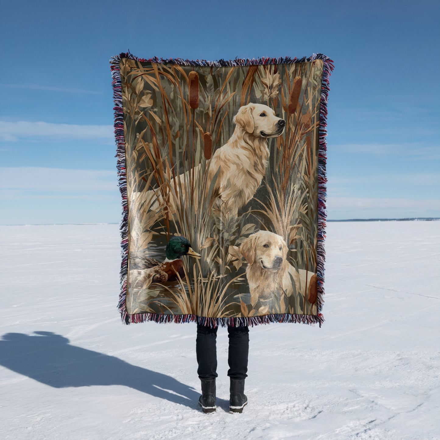 Golden Retriever and Duck Outdoors Pattern Woven Blanket