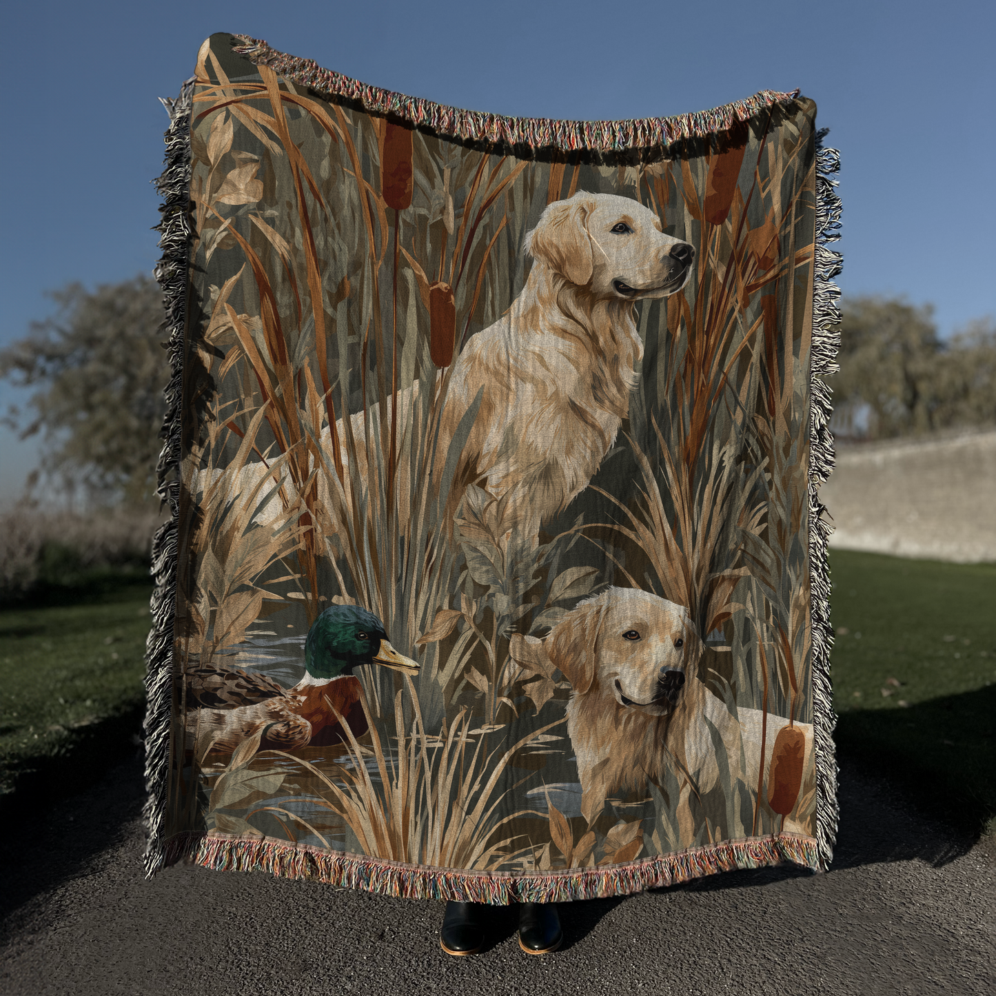 Golden Retriever and Duck Outdoors Pattern Woven Blanket