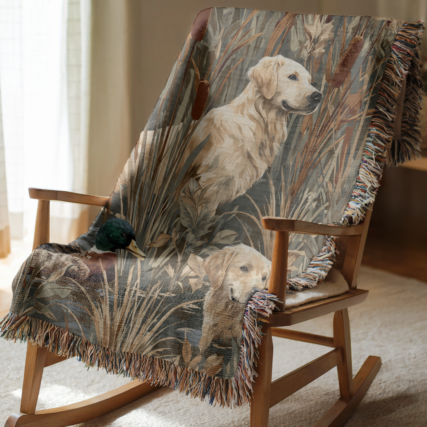 Golden Retriever and Duck Outdoors Pattern Woven Blanket