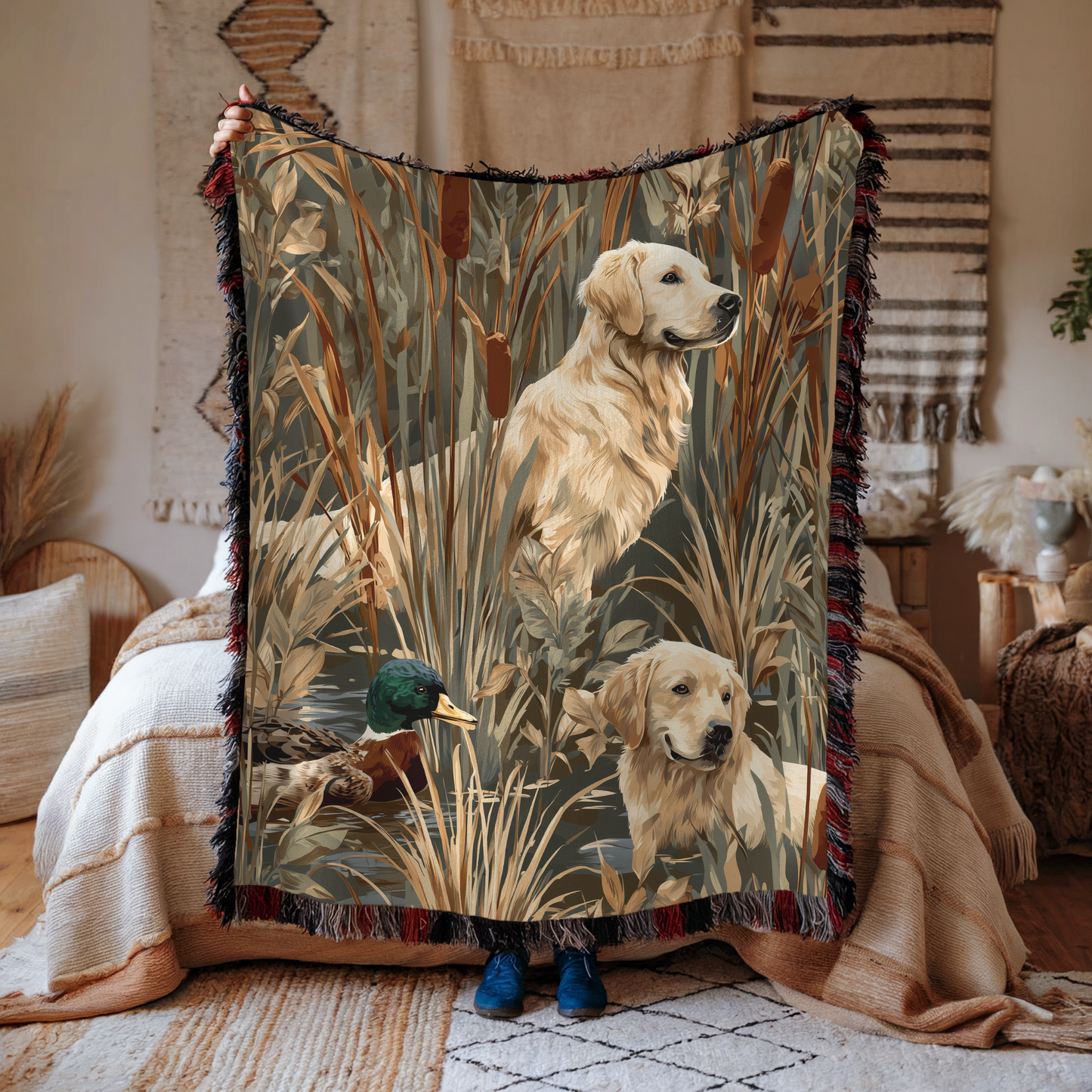 Golden Retriever and Duck Outdoors Pattern Woven Blanket