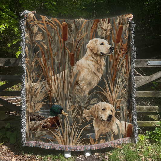 Golden Retriever and Duck Outdoors Pattern Woven Blanket