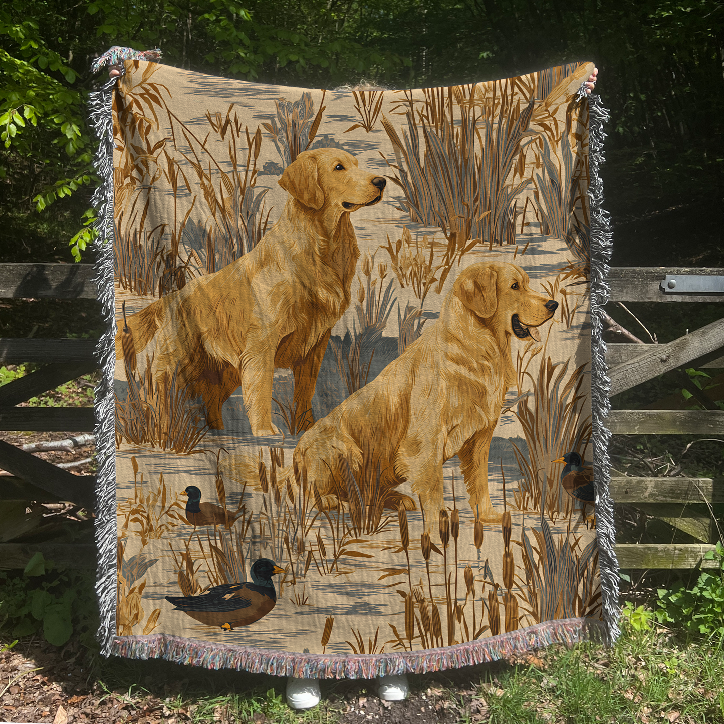 Golden Retriever and Duck Outdoors Pattern Woven Blanket