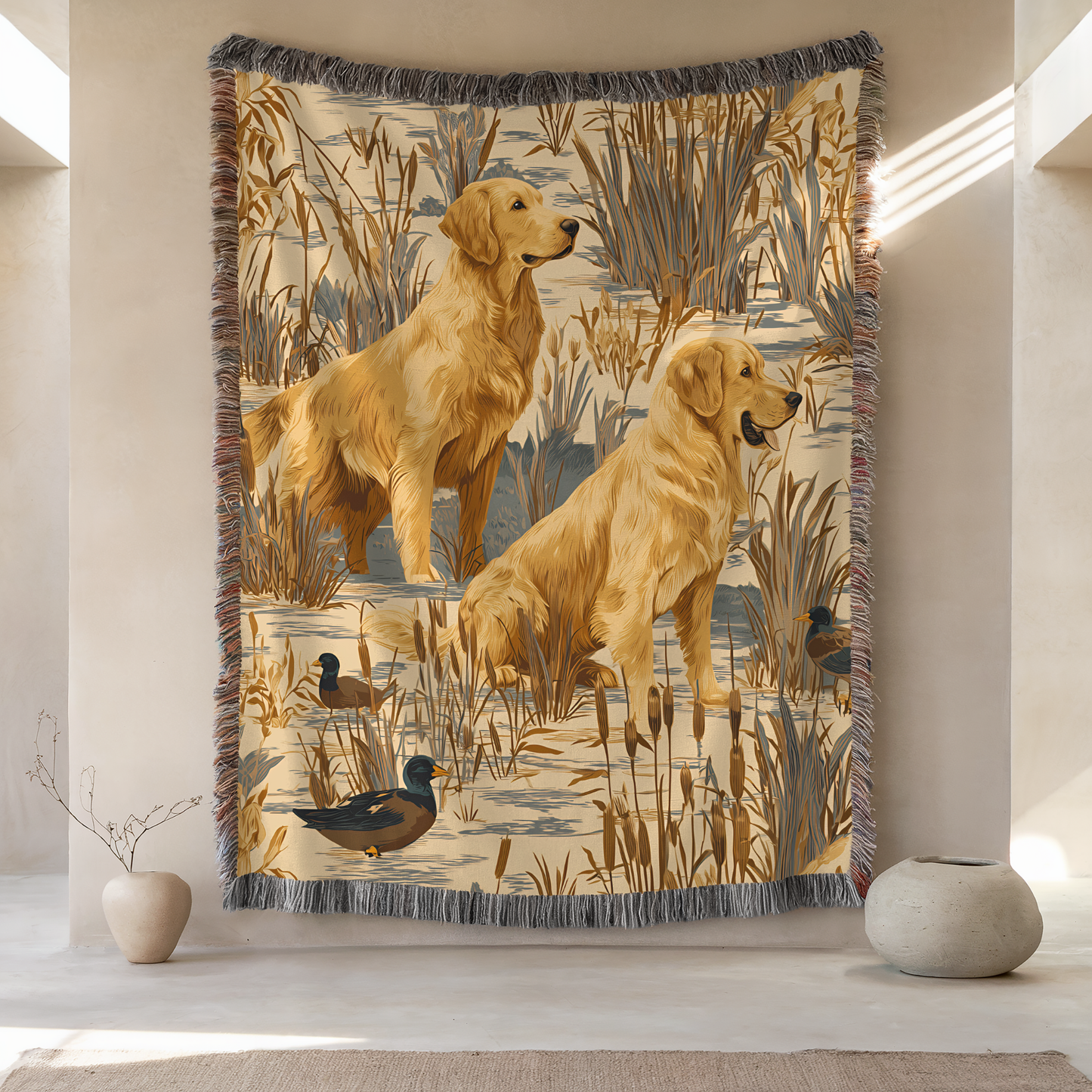 Golden Retriever and Duck Outdoors Pattern Woven Blanket