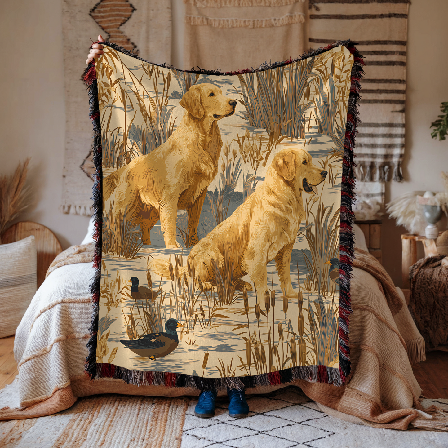 Golden Retriever and Duck Outdoors Pattern Woven Blanket