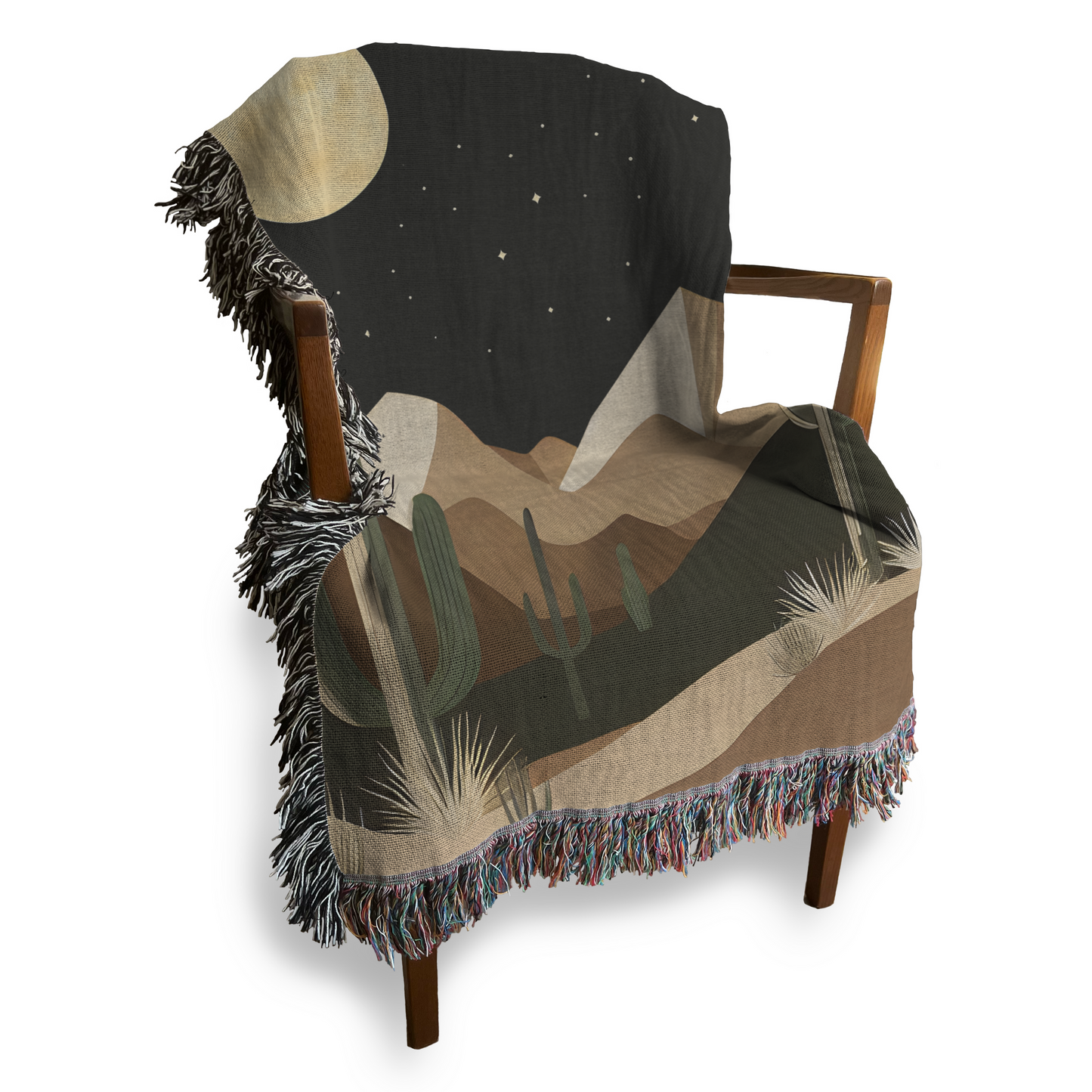 Retro Desert Night Saguaro Cactus Mountain woven blanket