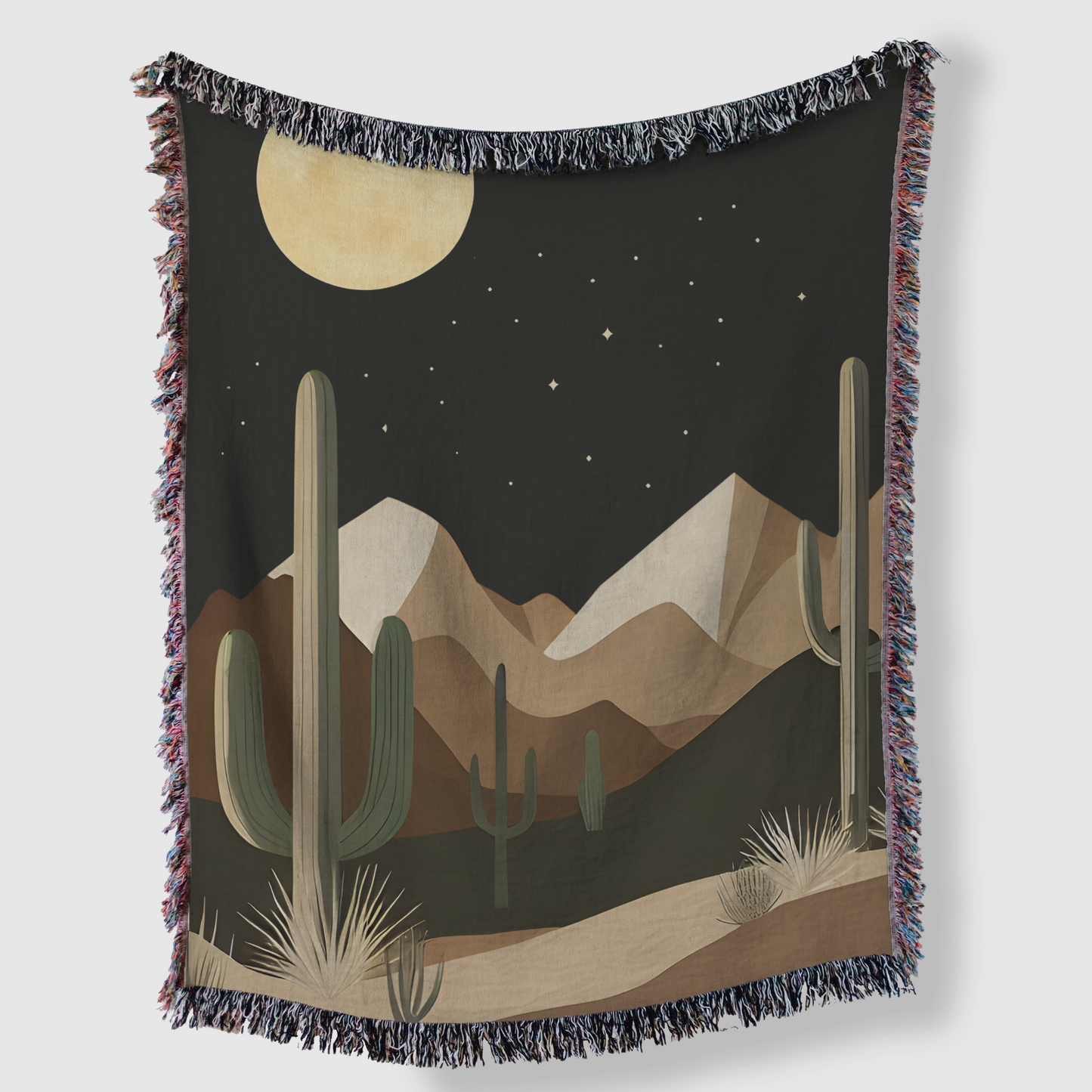 Retro Desert Night Saguaro Cactus Mountain woven blanket