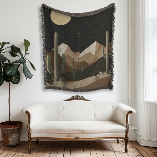 Retro Desert Night Saguaro Cactus Mountain woven blanket