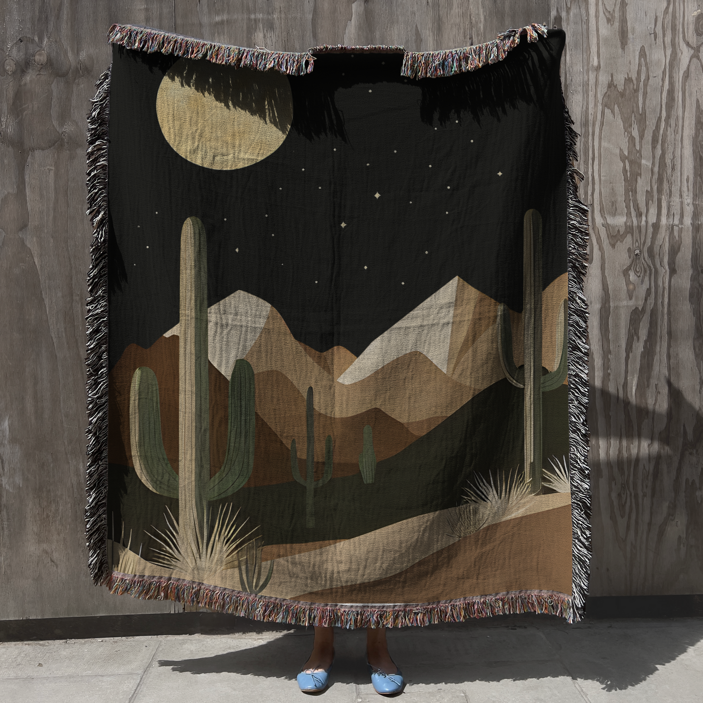 Retro Desert Night Saguaro Cactus Mountain woven blanket