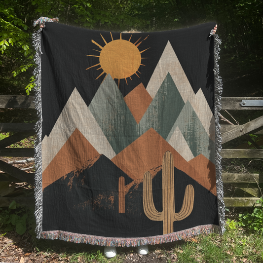 Retro Desert Night Saguaro Cactus Mountain woven blanket