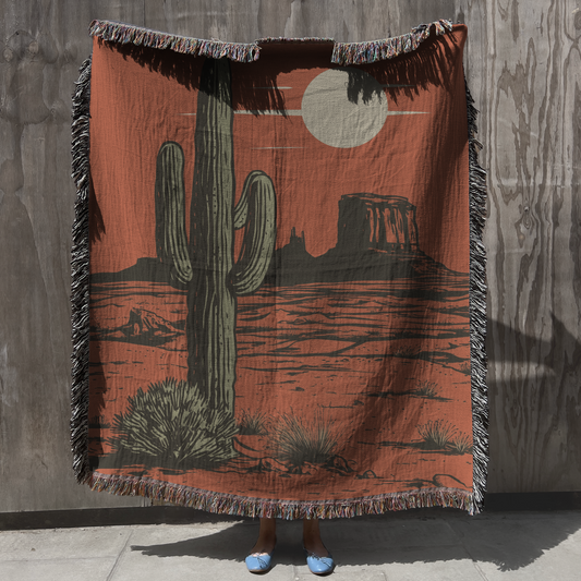 Retro Saguaro Cactus Desert Woven Blanket
