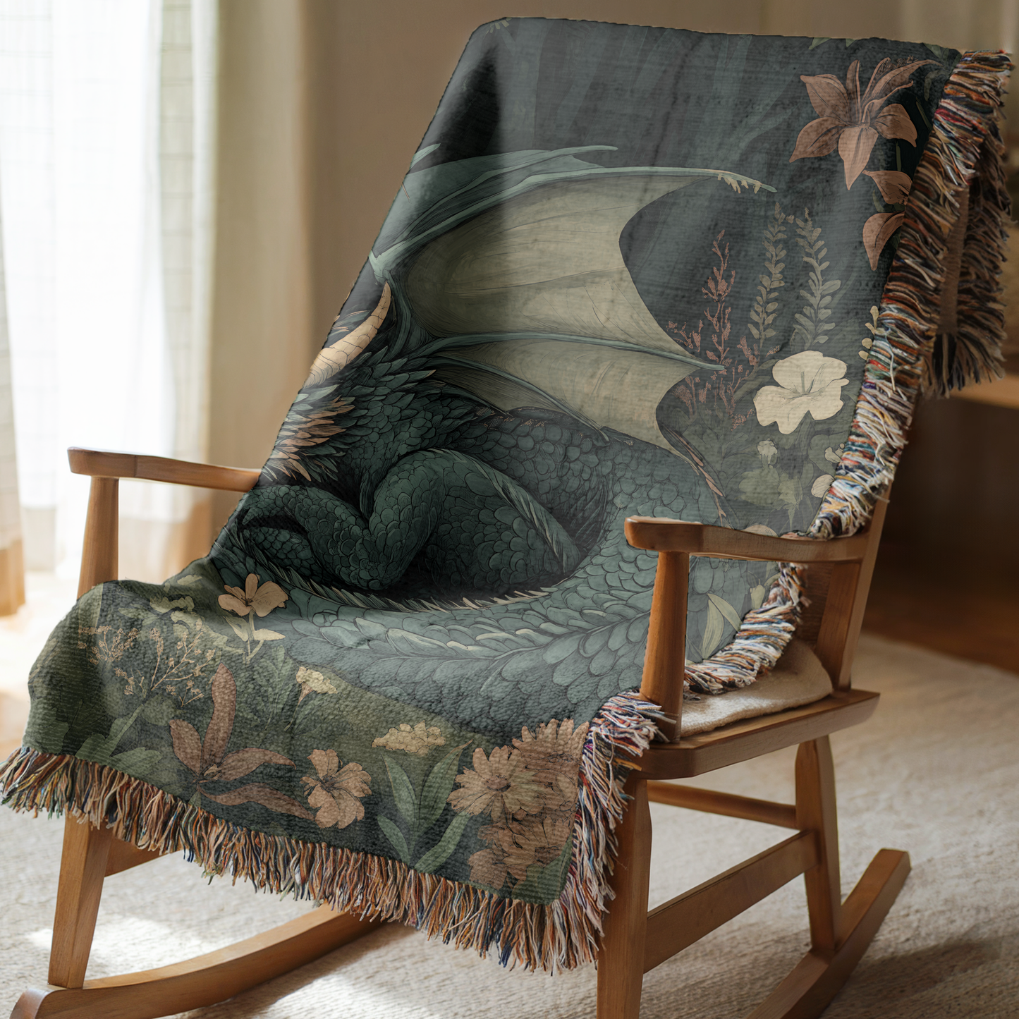 Green Sleeping Dragon in Enchanted Forest Woven Blanket